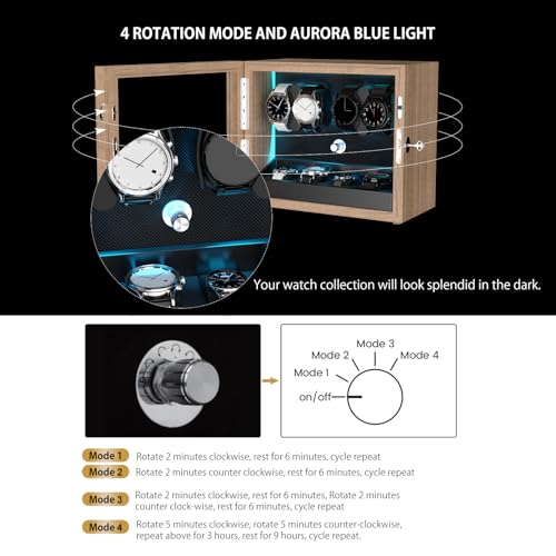 DUKWIN Watch Winder for 4/6/8/12 Automatic Watches, Lockable Automatic Winders with Extra 4/6 Watch Storages, 4 Rotation Modes, Quiet Mabuchi Motor, Sfot Watch Pillows and Blue Backlight
