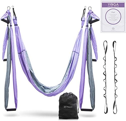 UpCircleSeven Aerial Yoga Swing Set - Yoga Hammock/Trapeze/Sling Kit + Extension Straps & eBook - Antigravity Ceiling Hanging Yoga Sling - Inversion Swing for Beginners & Kids (Purple/Grey)