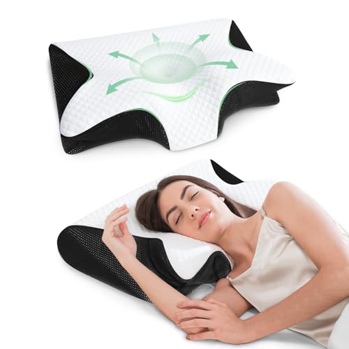FEYIDEO Cervical Pillow, 2 in 1 Ergonomic Memory Foam Pillow Pillows for Neck Side Sleeper, Back and Mouth Down, 60 x 40 x 12/14 cm (Black)