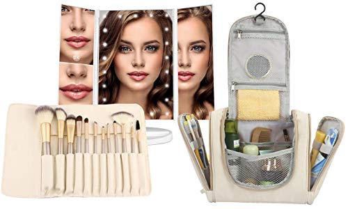 Makeup Brush Set, Hanging Toiletry Bag Travel Case and Trifold Cosmetic Vanity Mirror With 21 LED Lights â€“ #1 Beauty Gift Set for Women Girlfriend Mom Gift Basket â€“ Holiday Special