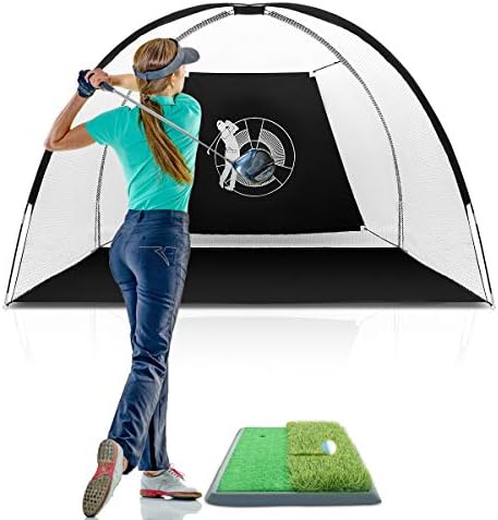 Tangkula 10FT Golf Practice Net with with Turf Mat & 24 Golf Balls, Indoor Outdoor Golf Training Net with Target for Hitting Cage Chipping, Golf Training Net with 4 Stakes & Carry Bag Tangkula 10FT Golf Practice Net with with Turf Mat & 24 Golf Balls, Indoor Outdoor Golf Training Net with Target for Hitting Cage Chipping, Golf Training Net with 4 Stakes & Carry Bag