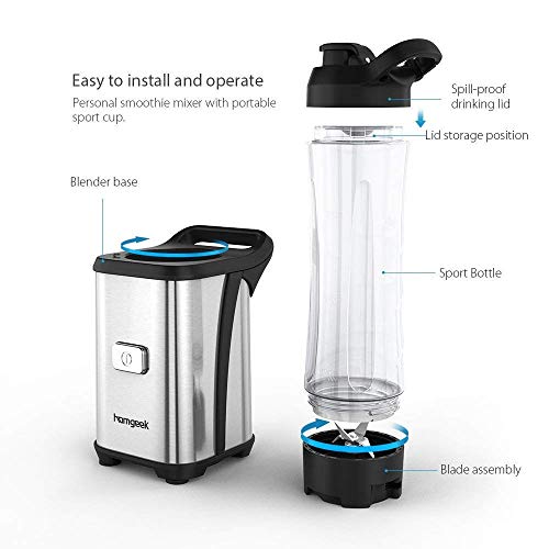 Personal Mini Blender Smoothie Maker Single Service for Shakes and Smoothie, homgeek Portable Small Fruit Vegetable Milk Countertop Mixer Juicer Cup with Travel Lid 600ml Tritan Travel Sport Bottle