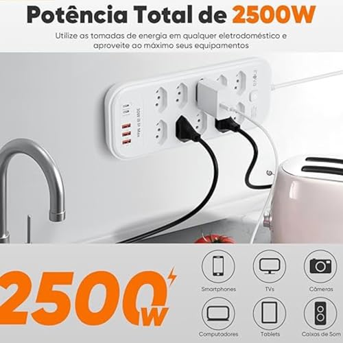 Filtro de Linha,Extensão Eletrica,Extensão Tomada,Régua Tomada 3 Interfaces USB,2 Portas USB Tipo-C,Cabo de Alimentação de 2Metros,Potência de 2500w,Suporta a Tensão de 110-220V Branco(8 Tomadas)