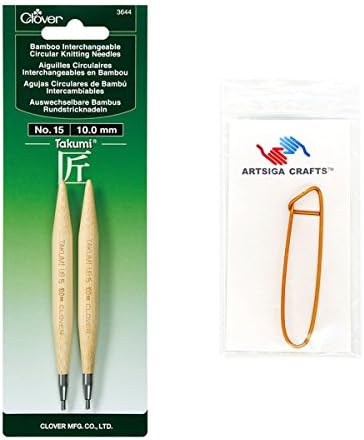 Clover Needlecraft Takumi Bamboo Interchangeable Circular Knitting Needles Size 15/10mm Bundle with 1 Artsiga Crafts Stitch Holder 3644