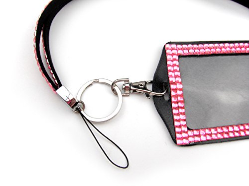 ALL in ONE Rhinestone Lanyard Bling Crystal Necklace + Card Holder for Id/key/cell Phone (PINK)