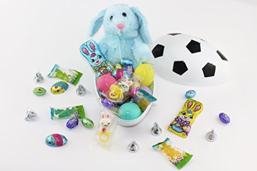 8" Sport Balls Easter Jumbo Egg Filled With Easter Bunny Easter Chocolates 4 Eggs with Hershey's Kiss Milk Chocolate Bunny Shape Chocolate &amp; Rabbit Shape Gummy and Lollipop Rabbit Ring (Soccer)