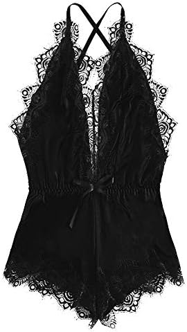 Women Lingerie Bodysuit Satin Pajamas Teddy Lace Deep V-Neck Halter One Piece Sleepwear Shorts Romper Underswear