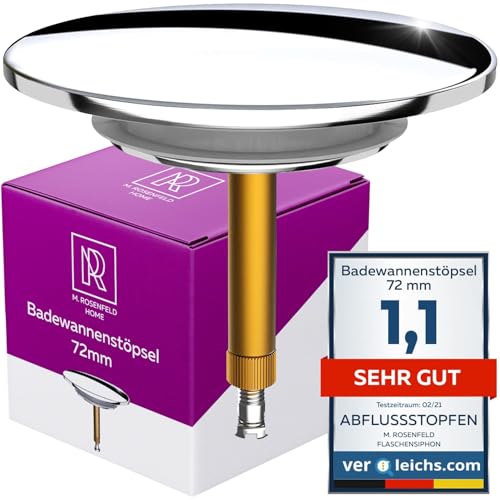 M. ROSENFELD Premium Bath Plug 72 mm — For Standard Bathtub Flow With Innovative Double Seal — Brass Plug Bath With Chrome Finish, Stainless & Sealing