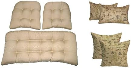 Wicker Cushions and Pillows 7 Pc Set - Solid Tan Tufted Wicker Loveseat &amp; 2 Chair Cushions and 17" &amp; Lumbar / Rectange Tommy Bahama Island Song Tan Nautical Pillows - Indoor / Outdoor Fabric