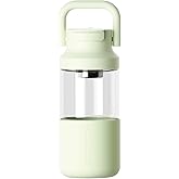 HOLOHOLO Glass Water Bottle with Quick Flip Lid, Borosilicate Water Glass Bottle with Handle, Leak-Proof, Tea Separation, Anti-Scalding Silicone Sleeve, Green, 22oz