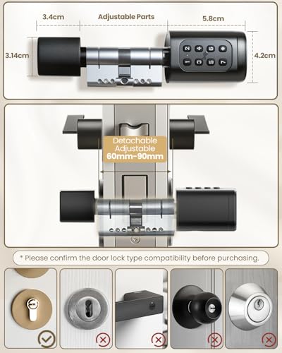 60mm-90mm Adjustable Smart Lock with Independent European Database, Electric Lock with Fingerprint, Password, Application, Key, Key Card