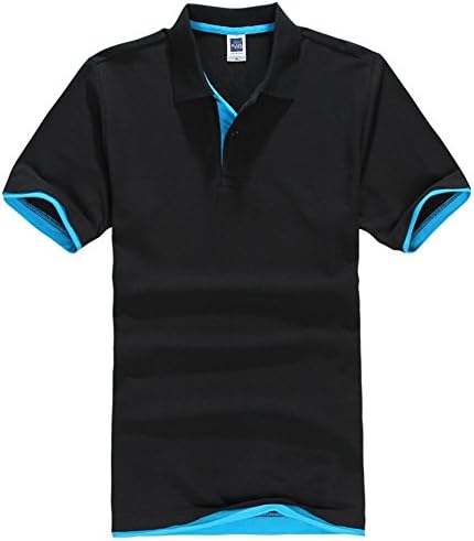 NEWCOSPLAY Men's Short-Sleeve Double Color Collars Polo Shirt (L, Black-Lake Blue)