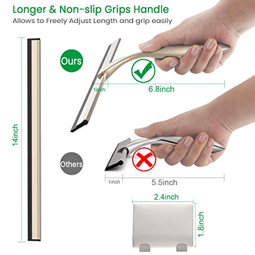 LPOLER Shower Squeegee, All-Purpose Stainless Steel Shower Cleaner for Shower Doors, Bathroom, Window, Mirror and Car Glass, Longer Handle with Hook and Screwdriver - 14 Inches (Gold)