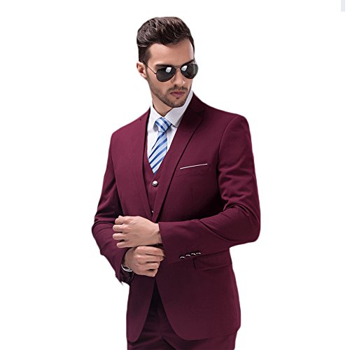 image for MAGE MALE Mens Solid 3-Piece Suit Slim Fit Notch Lapel One Button Tuxe