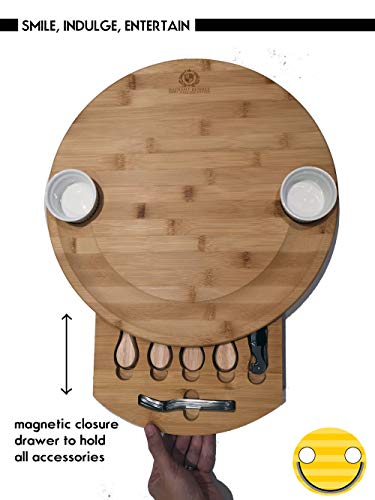 Extra Large Smiley Cheese Board Set | Unique Housewarming Gifts, Men, Women Birthday, Mothers Day | Magnetic Drawer holding Cheese Knives, Serving Forks, Wine Accessories