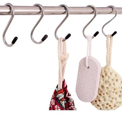 EKRON (5 Pcs) S Type Sling Dog Silver Hook Hanger Cloth Hanging Premium Quality with Black Rubber Grip Shower Curtain Hanger.