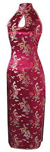 7Fairy Women's Vtg Burgundy Dragon Halter Backless Long Chinese Dress