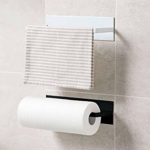 Porte-Rouleau de Cuisine Noir sans perçage,Support essuie Tout Mural,23cm Porte Essuie Tout sans Percage Porte Rouleau Papier Cuisine pour Cuisine,Salle de Bain, Placards,Acier Inoxydable Blanche (B)
