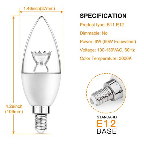 E12 Candelabra LED Bulbs 60W Equivalent, 3000K Warm White, 600 Lumens, 6W LED Chandelier Bulbs Candelabra Base, Non-Dimmable, Pack of 12