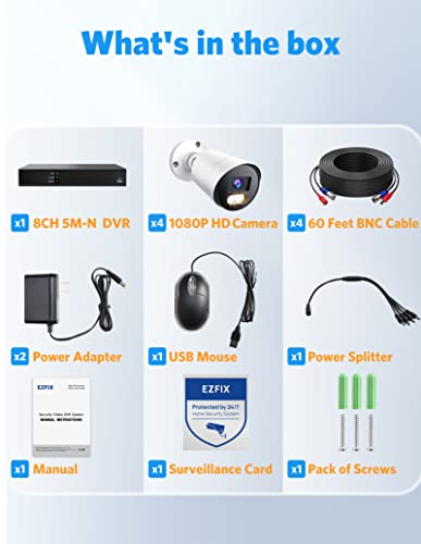 Wired Security Camera System, EZFIX 4pcs 2MP/1080P HD Outdoor Security Camera, Full-Color Night Vision, 8CH DVR CCTV Camera, IP66 Waterproof, Motion Detection, Instant Alert, Remote Access (No HDD)
