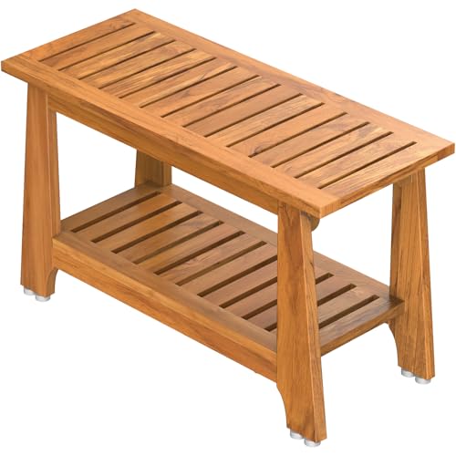 NNN 30" Commercial Teak Shower Bench - 8 Non-Slip Leveling Feet & 350 lbs Capacity | Rock-Solid Stability for Seniors & Spa Safety | Waterproof Design for Saunas/Outdoor Pools (Patented)