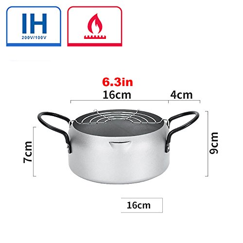 Tempura Fryer Pot, Mini Deep Fry Pan with Drainer Mini Deep frying pan with oil frying pan 8 IN silvery