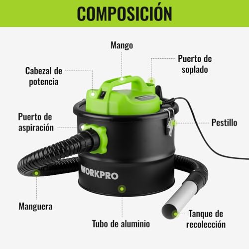 WORKPRO Aspirador de Cenizas 10L 700W con Función Soplado | Aspiracenizas para Chimeneas, Estufas y Barbacoas, Depósito Metálico, Filtro F9 Lavable, 16 kPa, Tubo Metálico