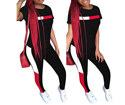 Womens Sexy Sports Outfit Set Short Sleeve Crop Shirt Bodycon Pants Joggers Clubwear Tracksuit Set Black L