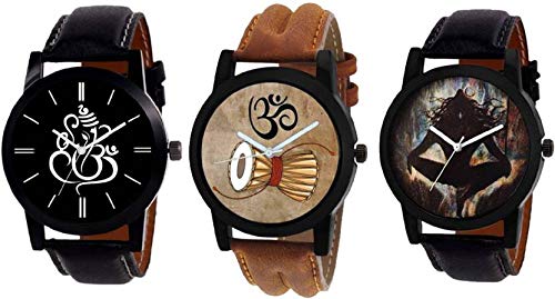 Brown Color Dial Stylish Leather Watches for Boys & Men (God-BR-18) Pack of 3