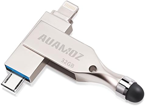 AUAMOZ iOS Flash Drive 32GB, iPhone Flash Drive USB 3.0 Memory Stick with Extended Connector for iPhone, iPad, Android and PC (Silver)