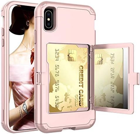 iPhone Xs/X Wallet Case, KMISS 3 in 1 Heavy Duty Protective Shockproof All-Round Armor with Hidden Back Mirror and Card Holder Wallet Case Cover for iPhone X/iPhone 10 (Rose Gold)