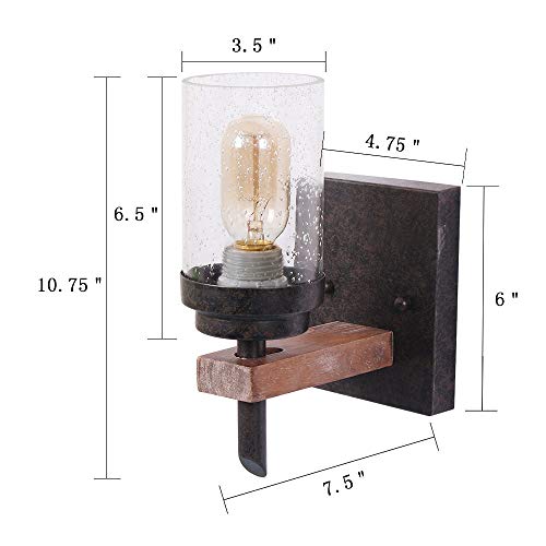 Eumyviv Rustic Wood Wall Sconce with Seeded Glass Shade, Vintage Industrial Hardwire Bathroom Light Log Cabin Home Retro Edison Wall Light Fixtures 1-Light, Black (17804)
