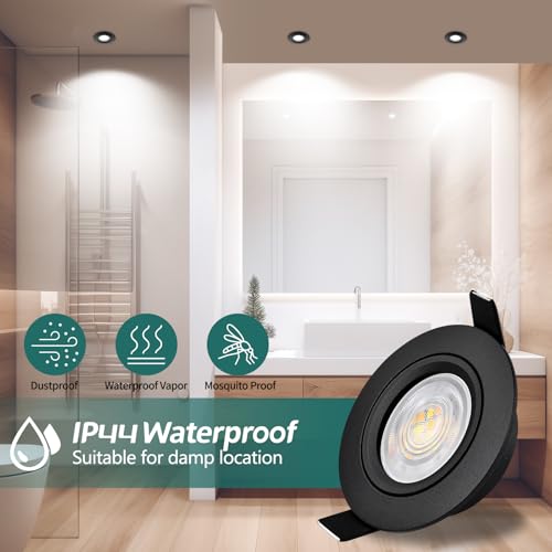 KYOTECH 3CCT Recessed LED Spotlights for Drywall Dimmable 60-70 mm, 5W 550LM 230V Recessed Spotlight, Ultra Slim, IP44 Recessed Spotlights for Bathroom, Set of 6 Black