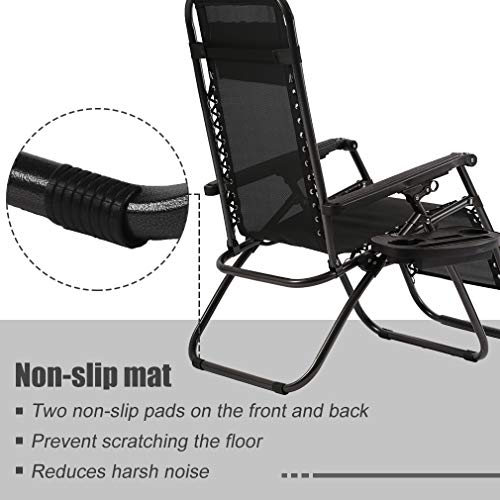 BMS Zero Patio Set of 2 Folding Outdoor Anti Gravity Lounge Reclining Camping Deck Chair with Pillow and Cup Holder （Black） - Thumbnail 4