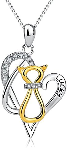 925 Sterling Silver Two-tone Lucky Cat Heart Pendant Necklace 18"