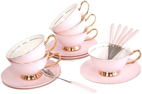NDHT Set of 6 NDHT Bone China Teacups/Coffee Cups & Saucers Sets with Spoons-10.2Oz, for Home, Restaurants, Display & Holiday Gift for Family or Friends,Pink,With One Gift Box