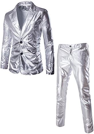 JKQA Men's Metallic Slim Fit Casual Blazer Jacket 2 Piece Outfit Suit (XL, Silver)