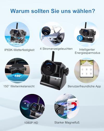 1080P Magnetic Wireless Reversing Camera, WiFi Reversing Camera with Long Lasting Battery, 90 Days Standby, Night Vision, IP69K, Easy Installation for Trucks, Trailers, Compatible with Phone, Pad