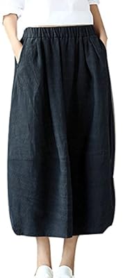Soojun Women's Vintage Loose Linen Elastic Waist Pleated Midi Skirt