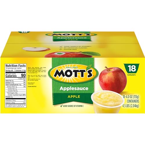 MOTT’S APPLESAUCE, 4 OZ CUPS, 18 COUNT, NO ARTIFICIAL FLAVORS, GOOD SOURCE OF VITAMIN C, NUTRITIOUS OPTION FOR THE WHOLE FAMILY