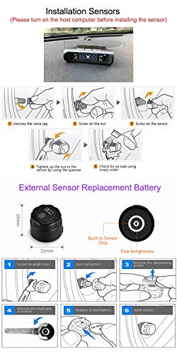Car TPMS, Tire Pressure Monitor System, with 4 External Sensors, Solar Power Universal Real-time LCD Display 4 Tires Pressure and Temperature Monitor, Auto Safe Warning (Color Screen) - Thumbnail 6