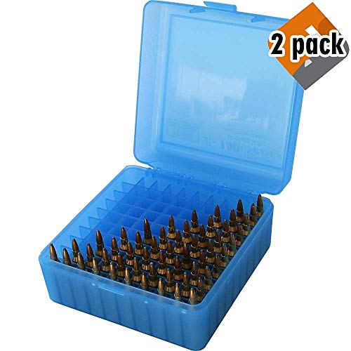 MTM Case-Gard RM-100 Series Medium Rifle Ammo Box, 100 Round, Clear Blue - 2 Pack