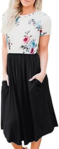Womens Short Sleeve Pocket Floral Print Patchwork Casual Swing Midi Dress