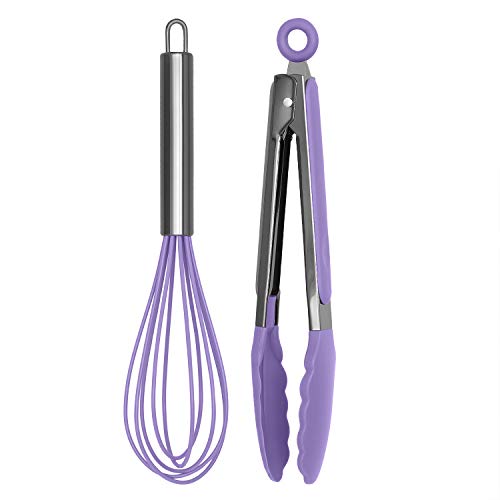 COOK WITH COLOR 10" Whisk and Tong Kitchenware Set for Nonstick Cookware, Silicone and Stainless