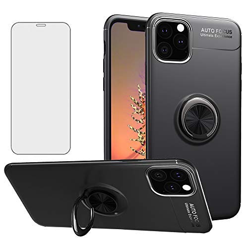 Phone Case for iPhone 11 Pro 2019 5.8 inch cases with Tempered Glass Screen Protector Magnetic Rugged Ring Accessories Kickstand Shockproof Silicone iPhone11pro iPhone11 11s 11p 11pro XI Black
