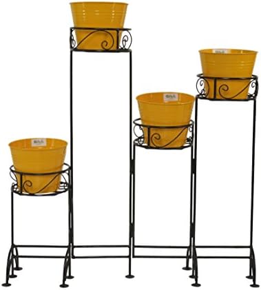 Green Gardenia Iron 4 Pot Stand/Plant Stand/Foldable Stand with 4 Planters-Yellow
