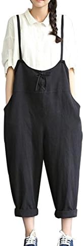 Caing Women Large Plus Size High Waist Baggy Linen Overalls Casual Wide Leg Pants Sleeveless Rompers Jumpsuit Haren Pants (XL, Black)