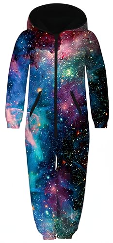 Ocean Plus Unisex Langarm Reißverschluss Kapuze Fleece Overall Jungen Digitaldruck Fleece Mädchen Einteiler Mit Kapuzen (Xl (Körpergröße: 155-160 Cm), Bunter Sternenhimmel)