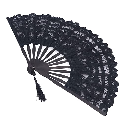 Lace Folding Fan with Tassel, Bamboo Ribs Hand Held Fans for Wedding, Bridal Shower, Party Decoration, Dance Performance, Summer Cooling (Black, White)