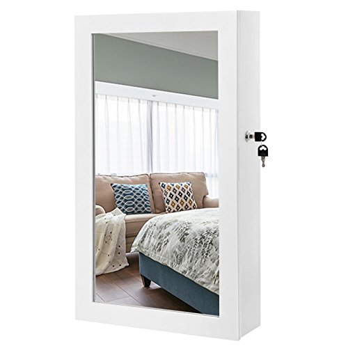 SONGMICS Lockable Jewelry Cabinet Armoire with Mirror, Wall-Mounted Space Saving Jewelry Storage Organizer, White UJJC51WT
